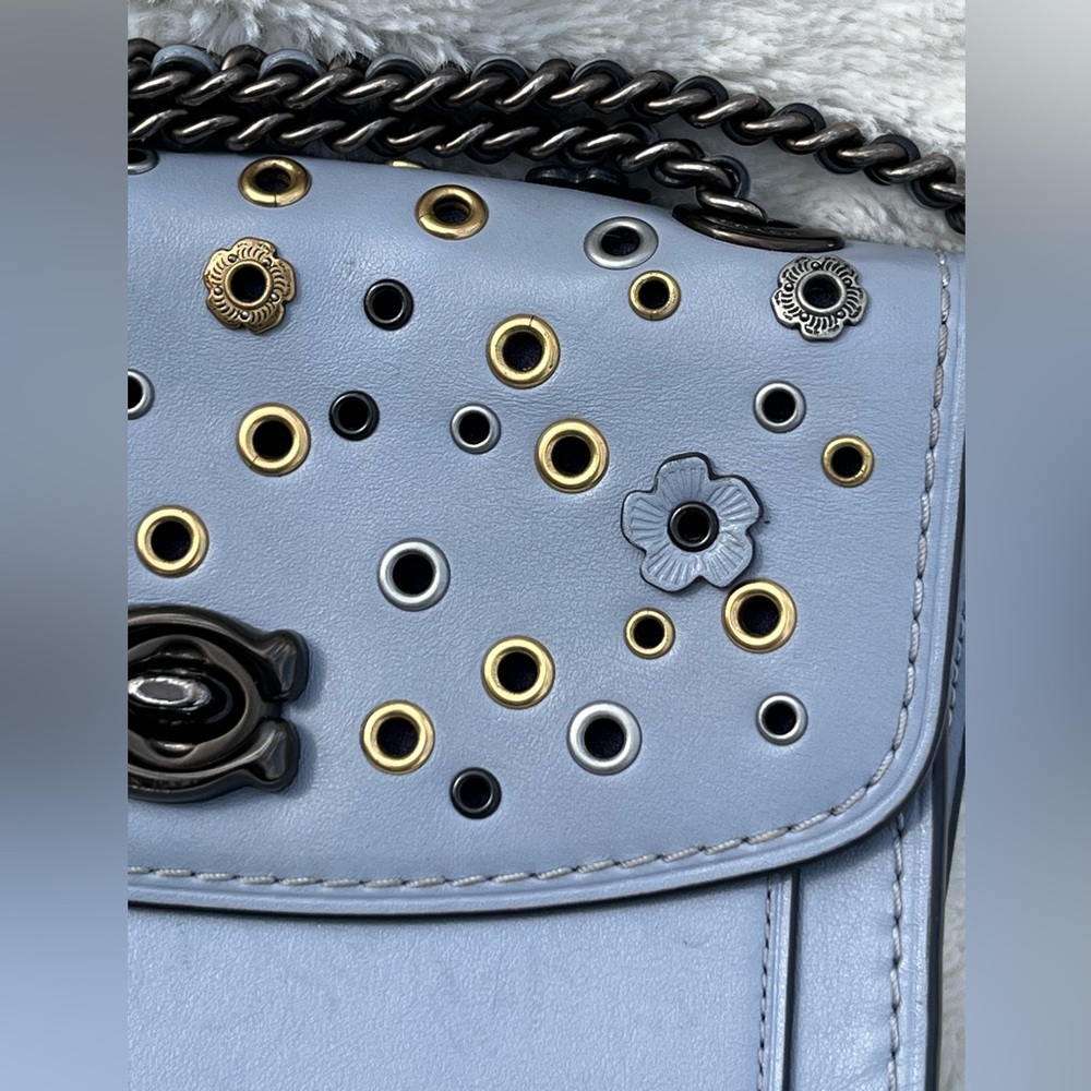 EUC Coach Parker 18 with Scattered Rivets in Blue Gray with Gunmetal Hardware - Picture 3 of 16